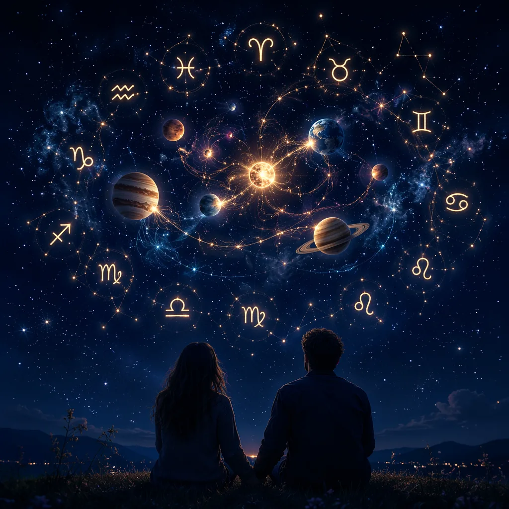 Un couple contemple un ciel nocturne parsemé de signes astrologiques et de planètes